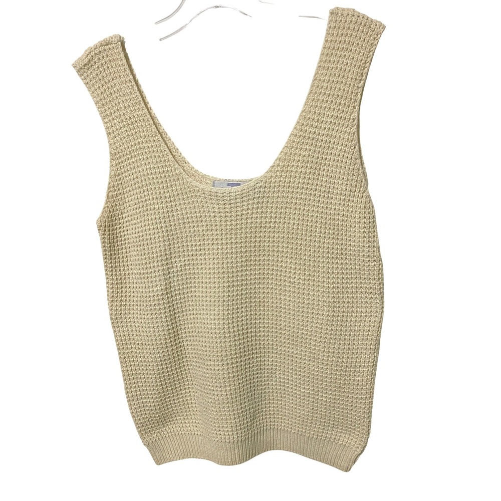 Vtg 90s Cream Waffle Knit Tank Top Scoop Neck M Ramie Cotton Gypsy Boho Coastal